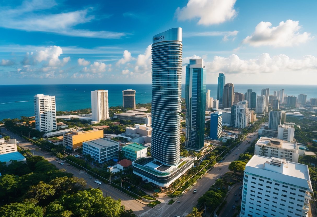 Aerial view of Cebu City skyline with modern high-rise buildings and bustling streets, surrounded by lush greenery and the sparkling blue sea