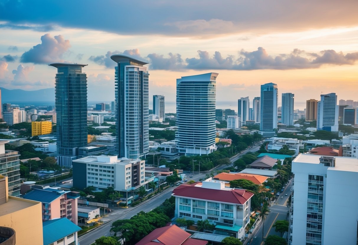 A bustling cityscape in Cebu City, Philippines, with modern skyscrapers and vibrant neighborhoods, showcasing the growth of real estate investment