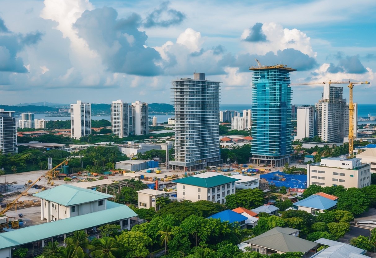 A bustling cityscape in Cebu, Philippines, with high-rise buildings and construction sites, surrounded by lush greenery and a vibrant real estate market