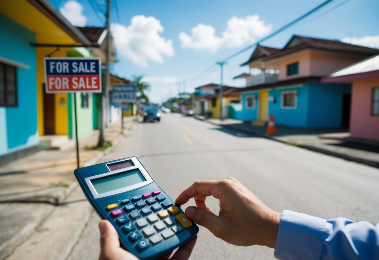 A sunny street in Cebu, with colorful houses and "For Sale" signs. A person is calculating property taxes on a calculator