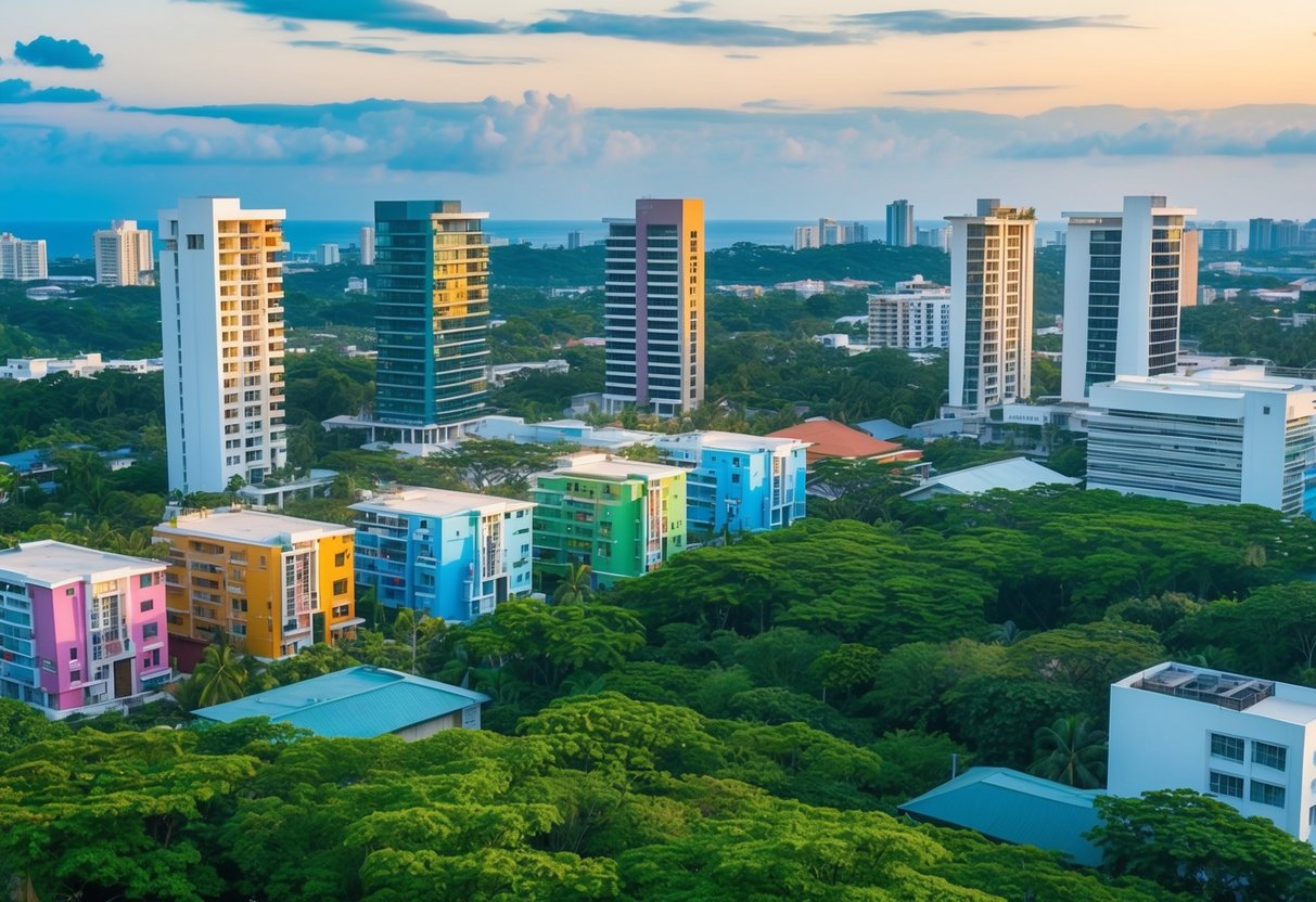 A scenic view of a modern Cebu cityscape with colorful buildings and lush greenery, showcasing the real estate market and property taxes in the Philippines