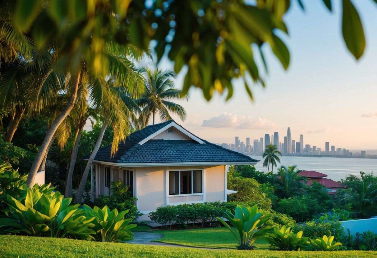 A cozy Cebu home surrounded by lush greenery, with a clear view of the city skyline in the distance