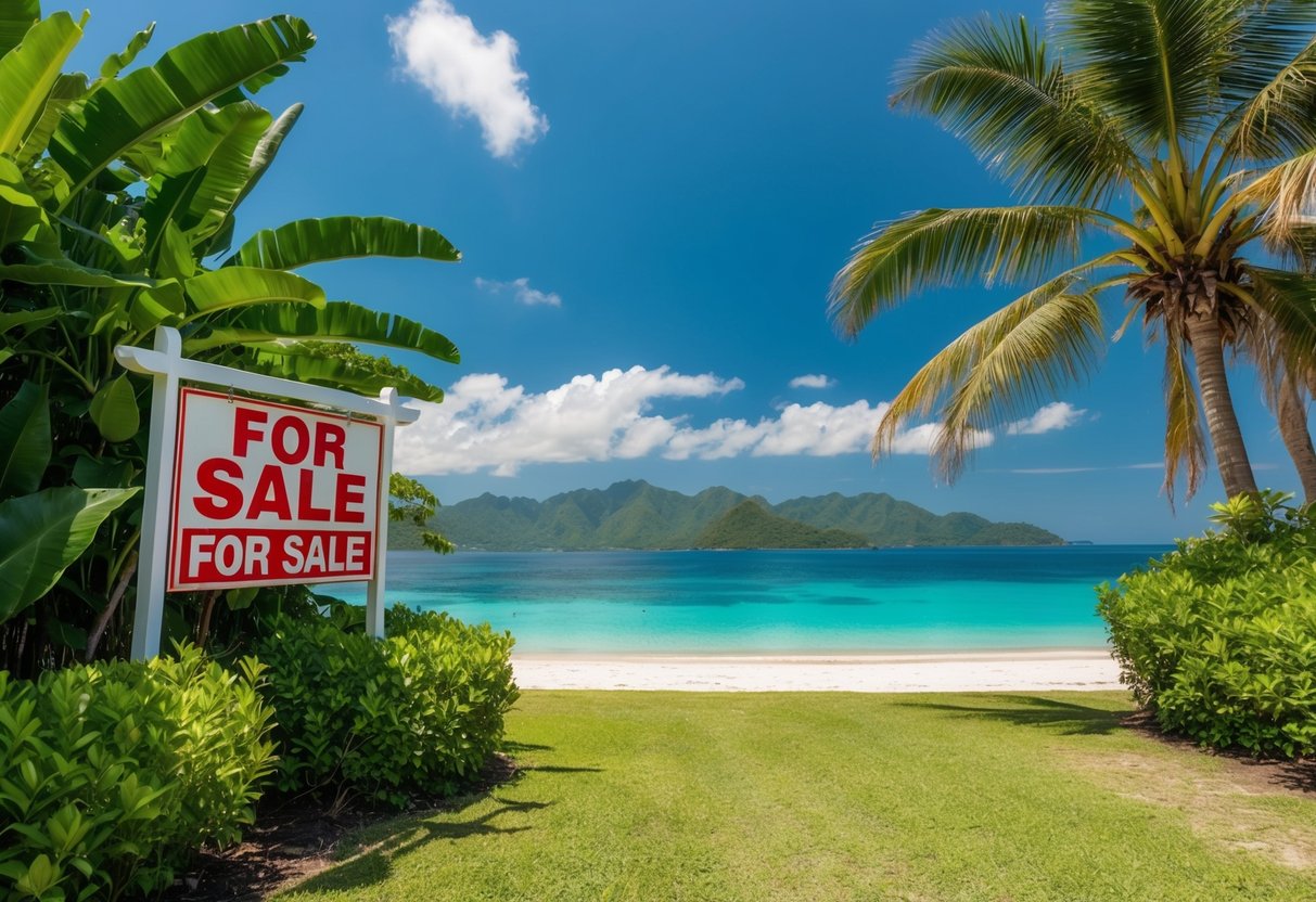 A sunny beachfront lot in Cebu with a "For Sale" sign, surrounded by lush tropical vegetation and overlooking the crystal-clear waters of the Philippines