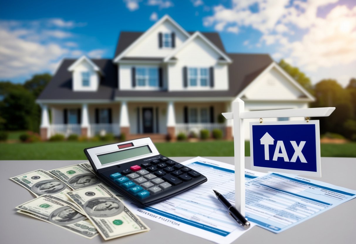 A house surrounded by a calculator, money, and tax documents, with a real estate sign in the foreground