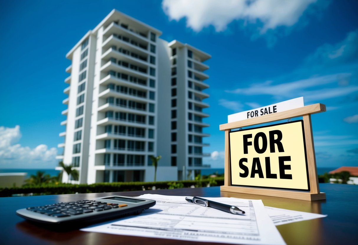 A sunny day in Cebu, Philippines. A modern condo building stands tall with a "For Sale" sign. A calculator and tax forms lay on a table