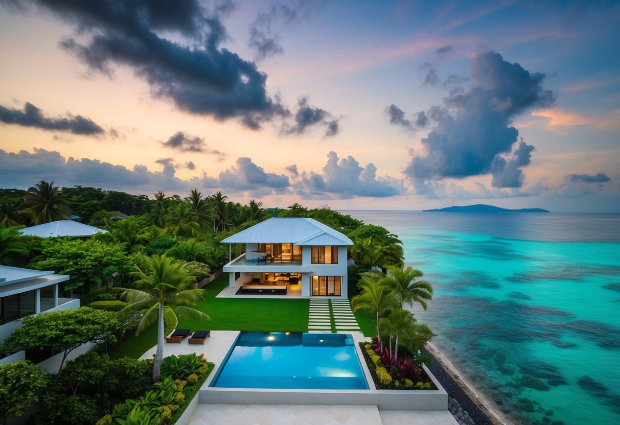 A serene beachfront property in Cebu, with a modern house and lush tropical landscaping, overlooking the crystal-clear waters of the Philippines