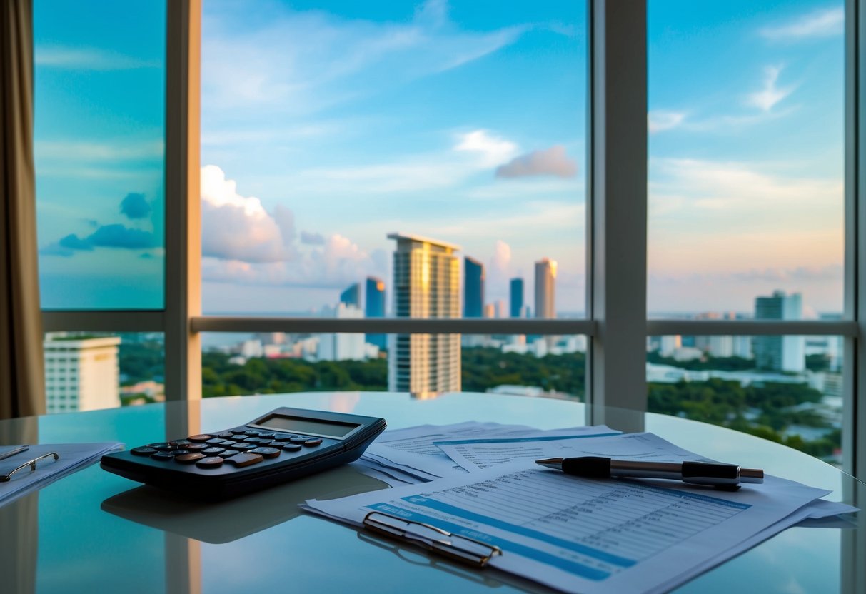 A modern condo in Cebu, Philippines with a view of the city skyline. A calculator, paperwork, and a budget spreadsheet are scattered on the table