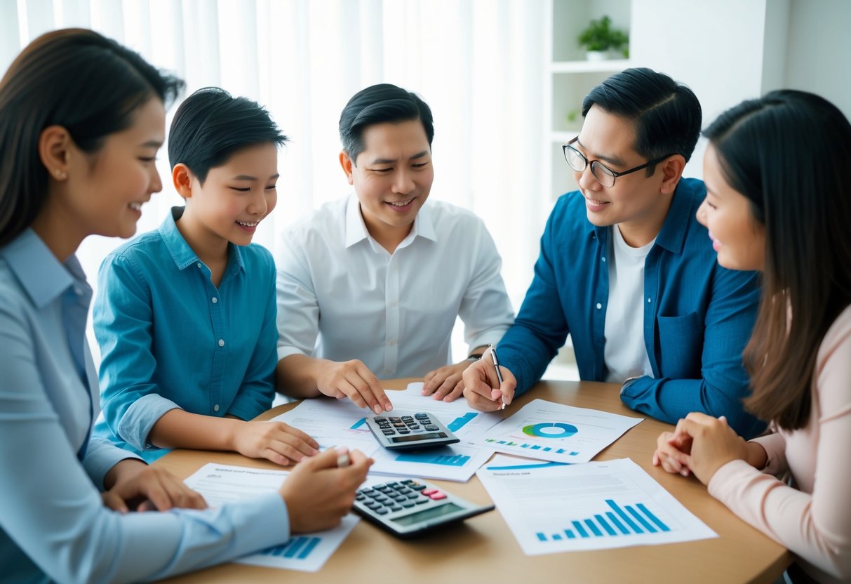 A family sitting around a table with papers and calculators, discussing homebuying costs and property taxes in Cebu, Philippines