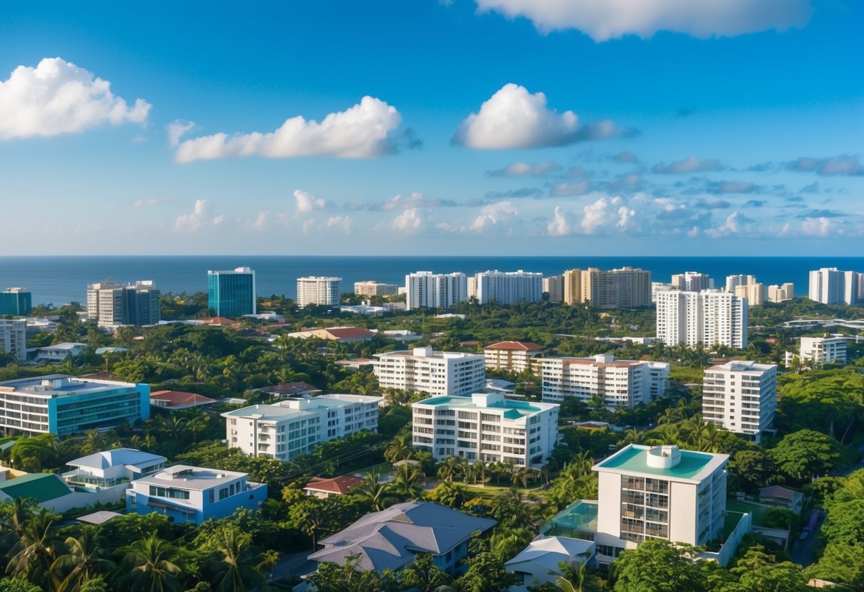 A vibrant cityscape of Cebu, with various real estate properties and buildings, surrounded by lush greenery and clear blue skies