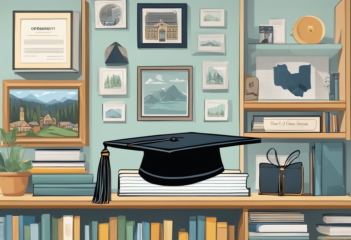 A graduation cap and diploma from Oregon State University on a shelf surrounded by photos of community involvement and personal life events