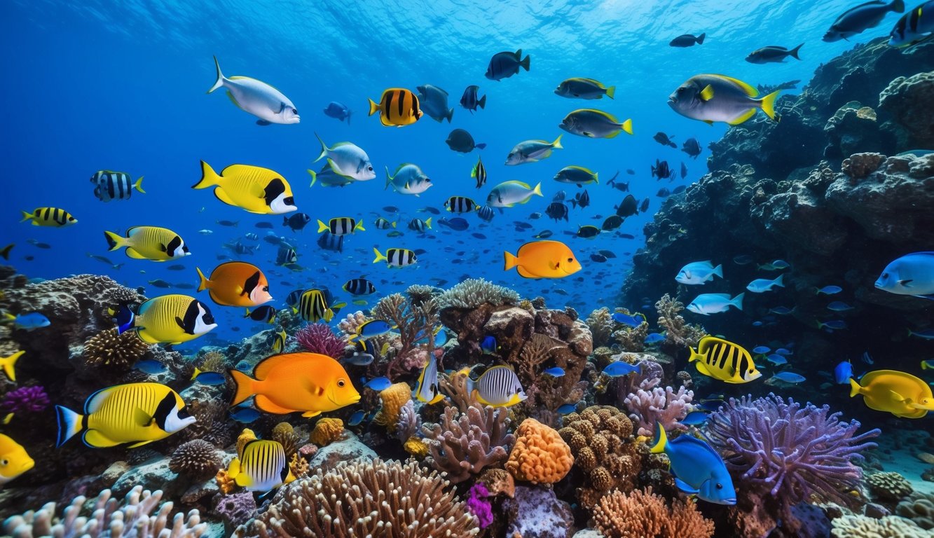 Dunia bawah laut yang berwarna-warni dengan berbagai jenis ikan dan makhluk laut yang berenang di sekitar terumbu karang yang cerah