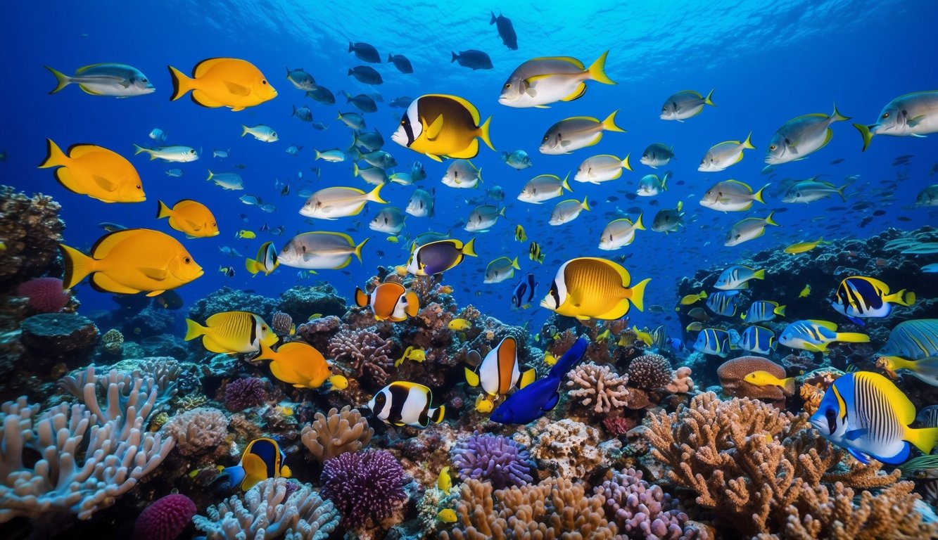 Dunia bawah laut yang ramai dengan ikan berwarna-warni dan makhluk laut eksotis, dikelilingi oleh terumbu karang yang berwarna-warni