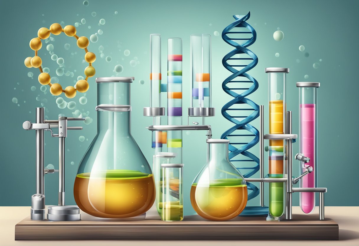 Un laboratoire avec une hélice d'ADN, des tubes à essai et du matériel scientifique