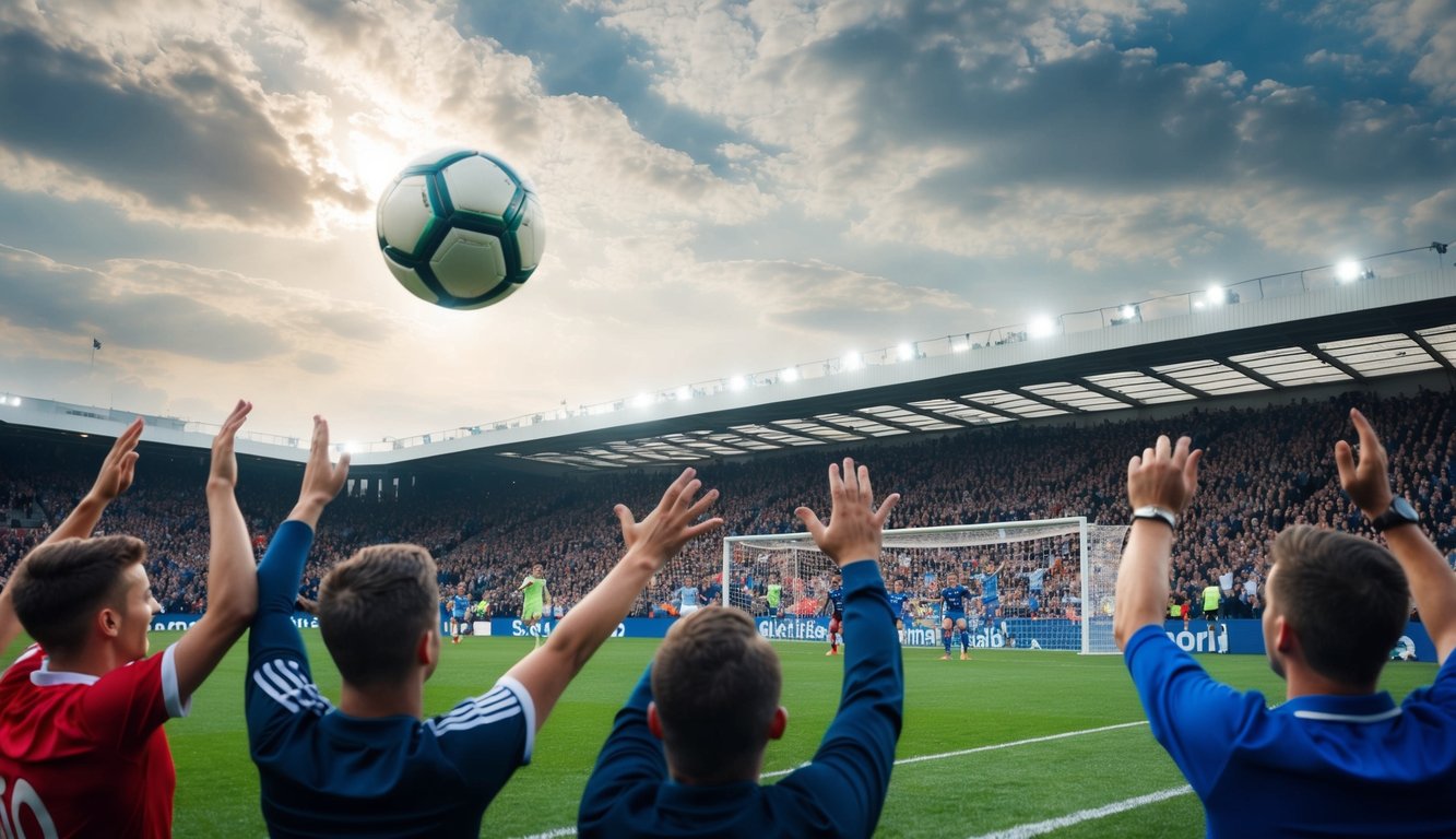 Sebuah bola sepak terbang ke gawang, dikelilingi oleh penggemar yang bersorak