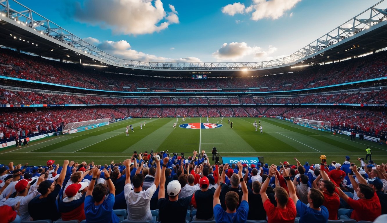 Sebuah stadion olahraga yang ramai dengan penggemar yang bersorak dan pemain di lapangan