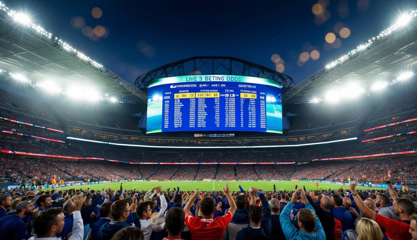 Sebuah stadion olahraga yang ramai dengan penggemar yang bersorak, lampu berkedip, dan layar digital besar yang menampilkan peluang taruhan langsung