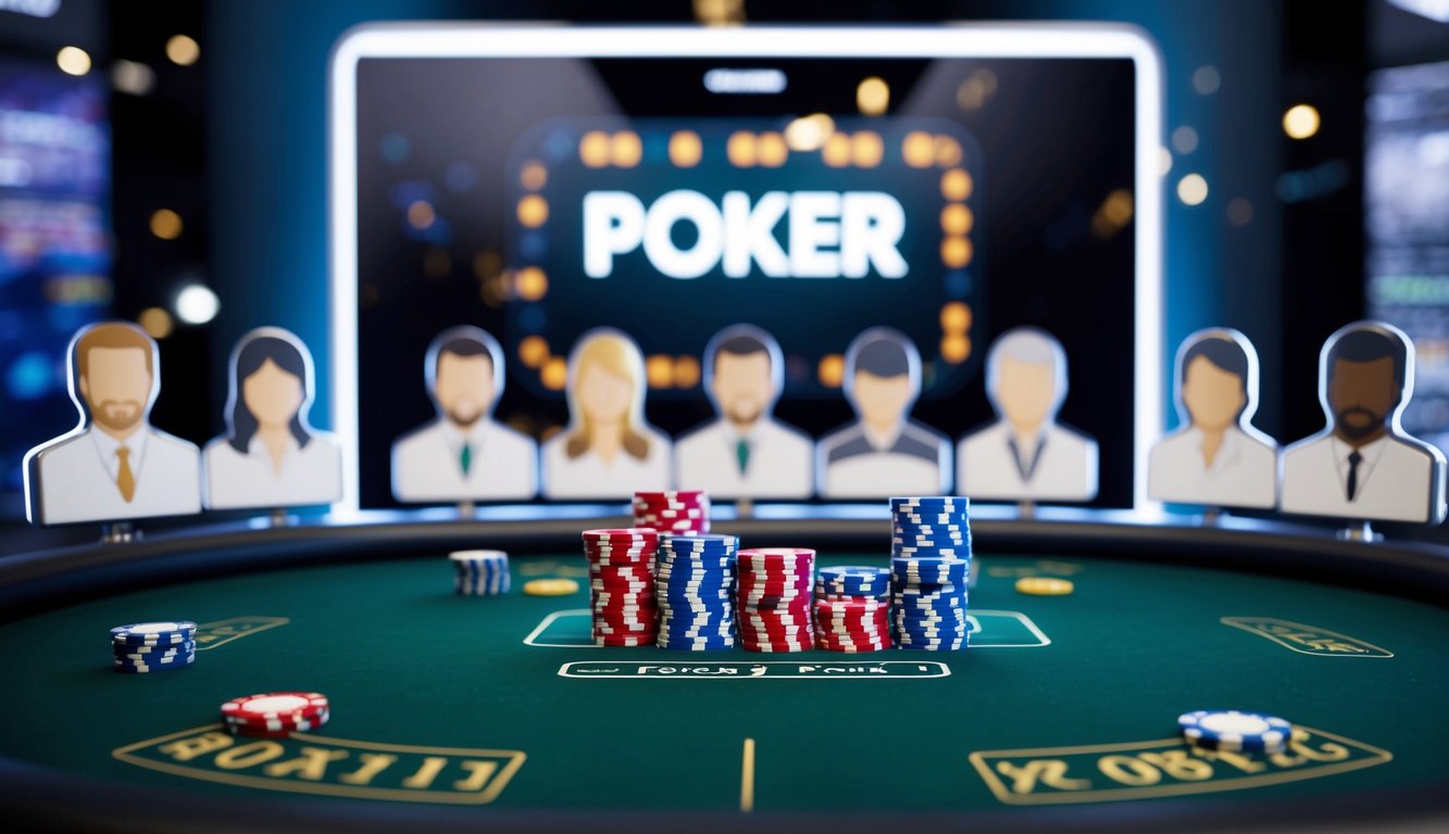 Sebuah meja poker digital dengan kartu dan chip, dikelilingi oleh avatar virtual, dengan latar belakang antarmuka kasino online yang ramping dan modern