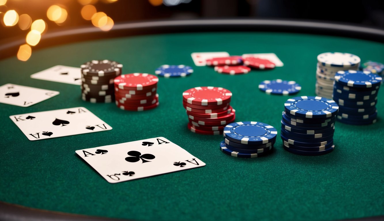 Seperangkat chip poker dan kartu bermain tersebar di atas meja felt hijau, dengan suasana yang percaya diri dan intens.