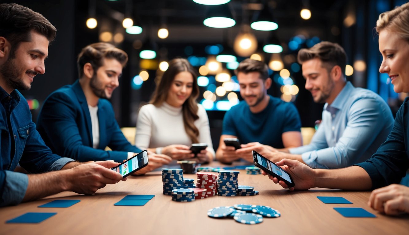 Sekelompok orang duduk di sekitar meja, bermain poker online di perangkat mereka, dengan chip dan kartu berserakan di sekelilingnya.