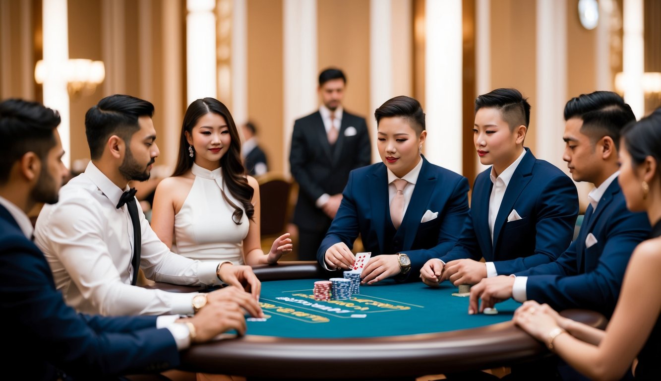 Sekelompok agen poker di sebuah acara formal, berdiskusi dan bermain kartu di meja kasino yang mewah dan elegan.