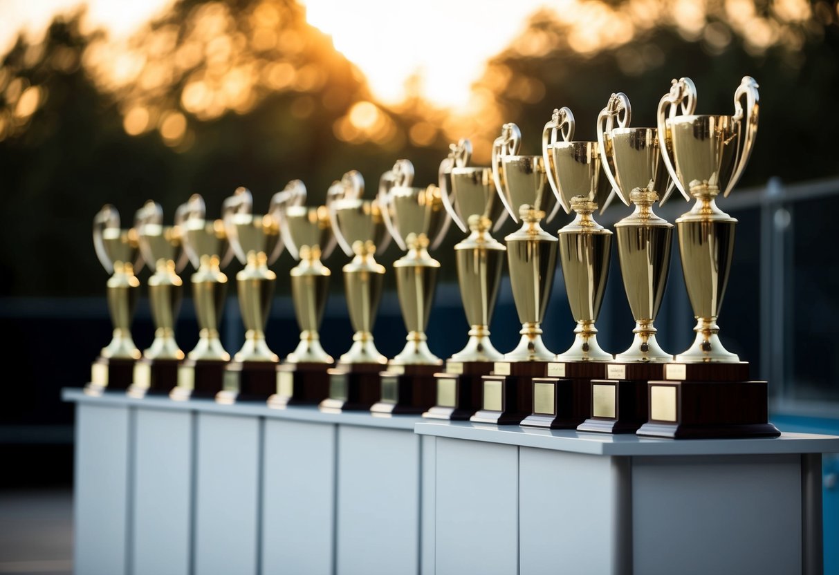 Um pódio com 12 troféus dispostos em uma fila