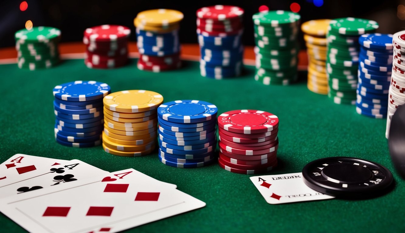 Sekelompok chip poker berwarna-warni yang disusun di atas meja felt hijau, dengan kartu dan tombol dealer, menciptakan suasana yang cerah dan mengundang.