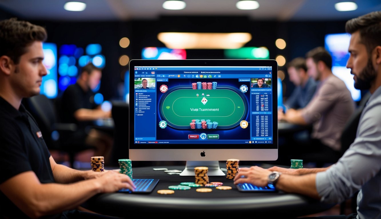 Turnamen poker virtual dengan pemain di komputer mereka, kartu dan chip di meja, serta antarmuka digital yang menunjukkan kemajuan permainan