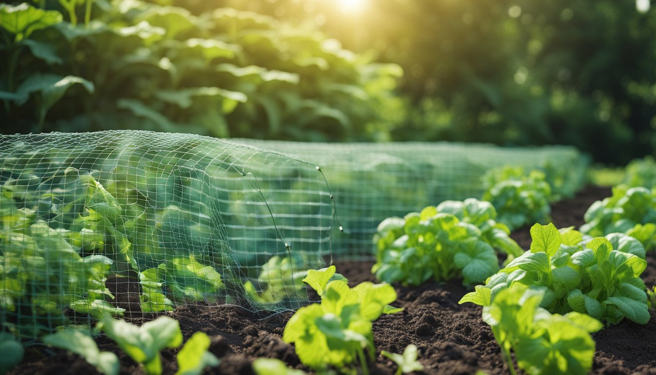 Fine mesh netting covers vegetables, reflective mulch deters insects, straw mulch preserves soil moisture, and companion plants create natural barriers. Weather monitoring devices dot the landscape