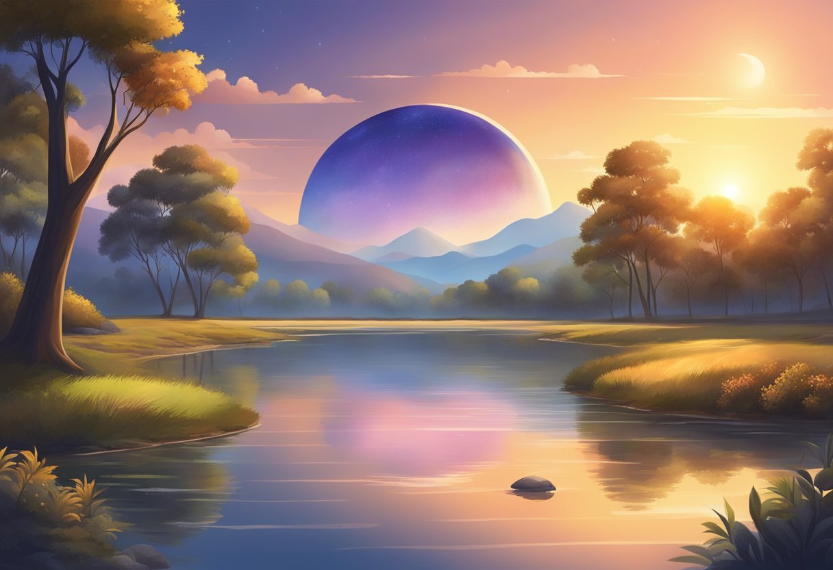 A serene landscape with a sunrise or sunset, showing the balance and cyclical nature of the universe