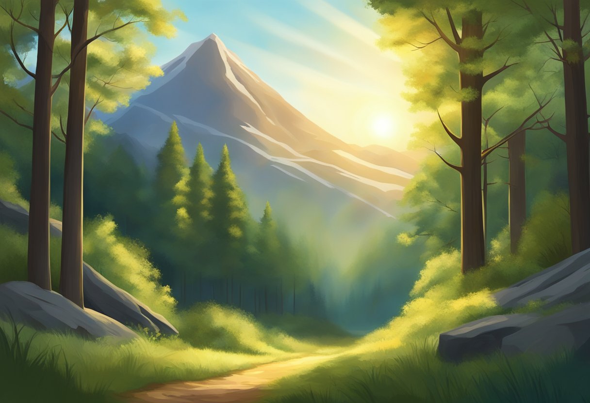 A serene forest clearing with a beam of light shining through the trees, illuminating a path leading towards a mountain peak
