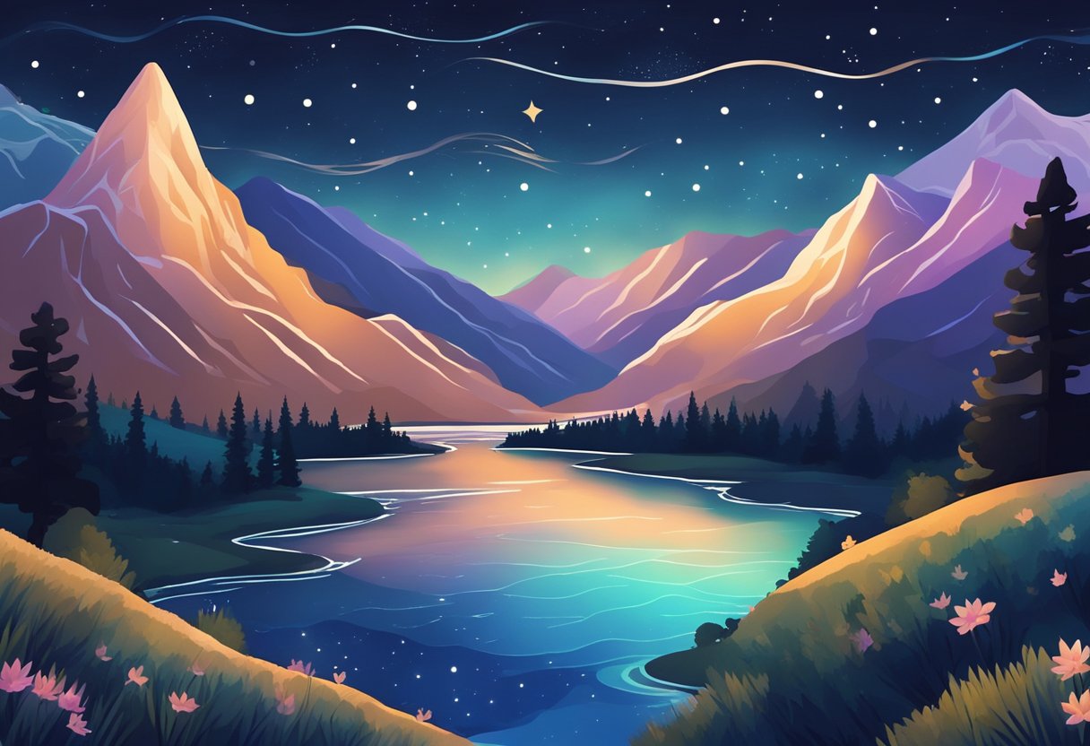 A serene night sky with stars aligned in a pattern, casting a glow over a tranquil landscape of mountains and a flowing river