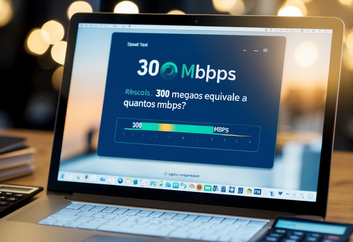 Uma tela de computador exibindo um resultado de teste de velocidade mostrando 300 Mbps ao lado da pergunta "300 megas equivale a quantos mbps?" com uma calculadora próxima.