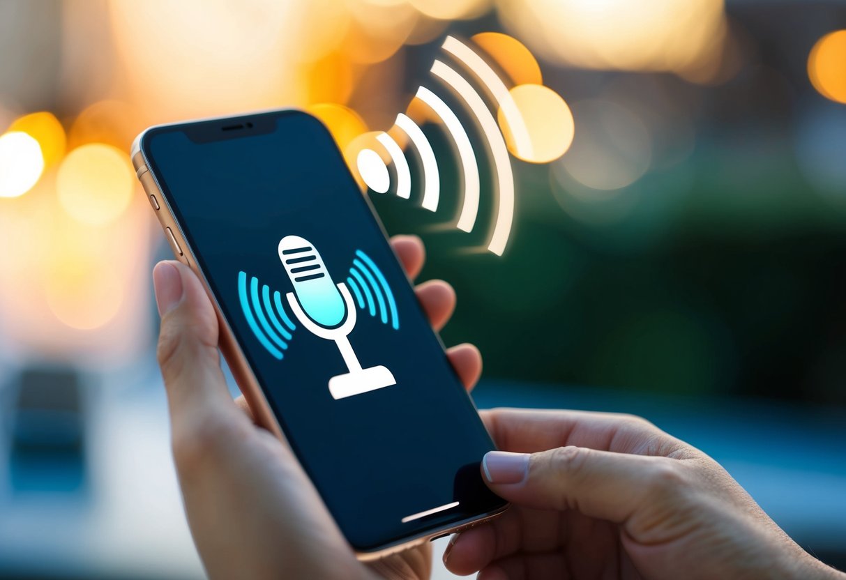Um smartphone moderno com um aplicativo de gravação de voz aberto, um ícone de microfone visível e ondas sonoras emanando do dispositivo.