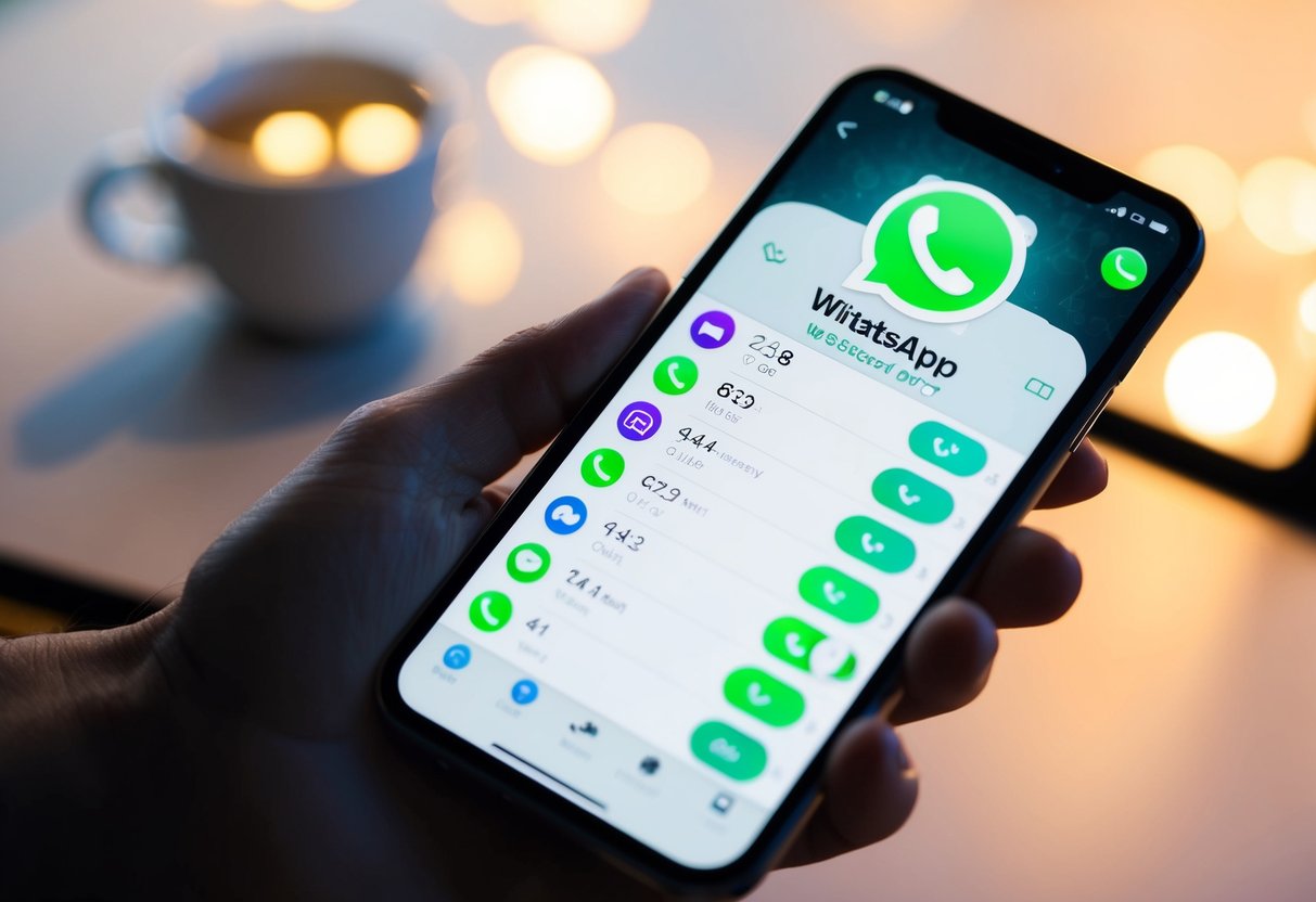 Um smartphone com o aplicativo WhatsApp aberto, mostrando um histórico de chamadas com um ícone de cadeado ao lado de cada entrada de chamada.