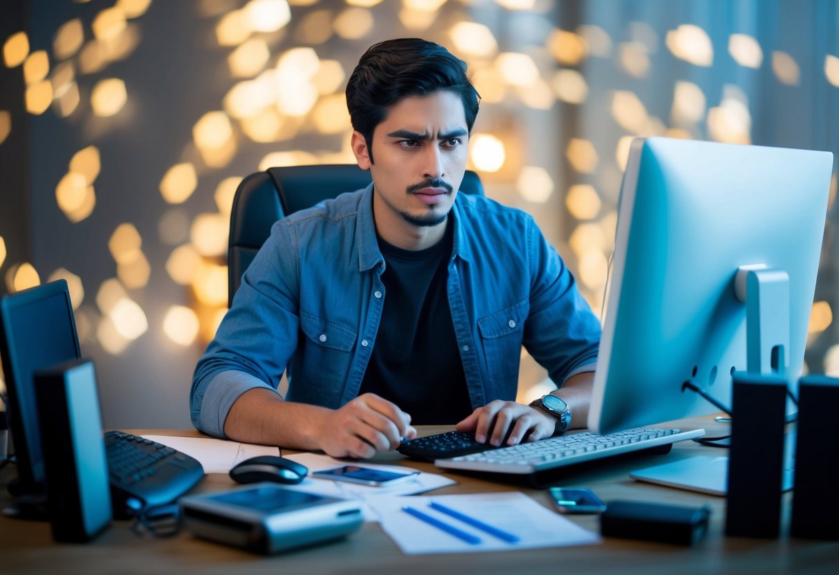 Uma pessoa sentada em um computador, cercada por vários dispositivos eletrônicos e papéis, com uma expressão determinada no rosto enquanto trabalha para recuperar e gerenciar senhas de canais adultos.