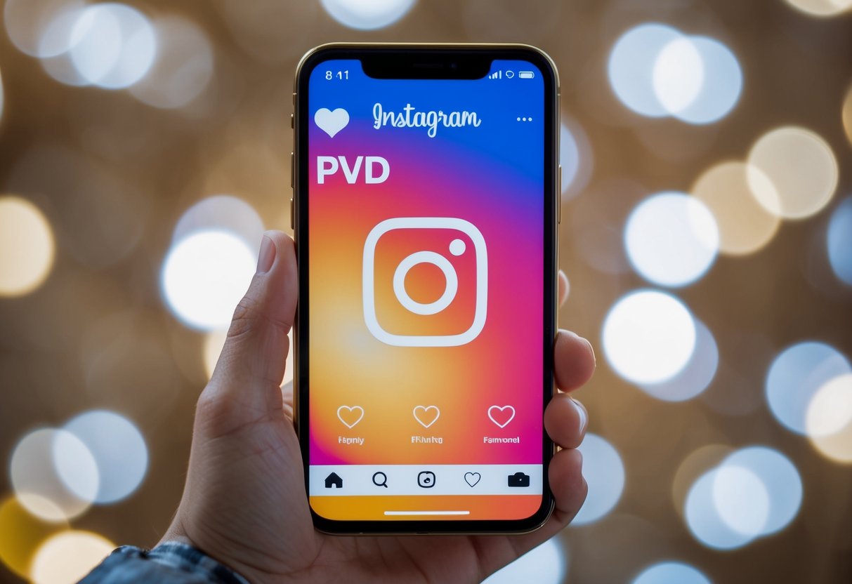 Um smartphone exibindo o Instagram com um símbolo PVD no centro, cercado por curtidas e comentários