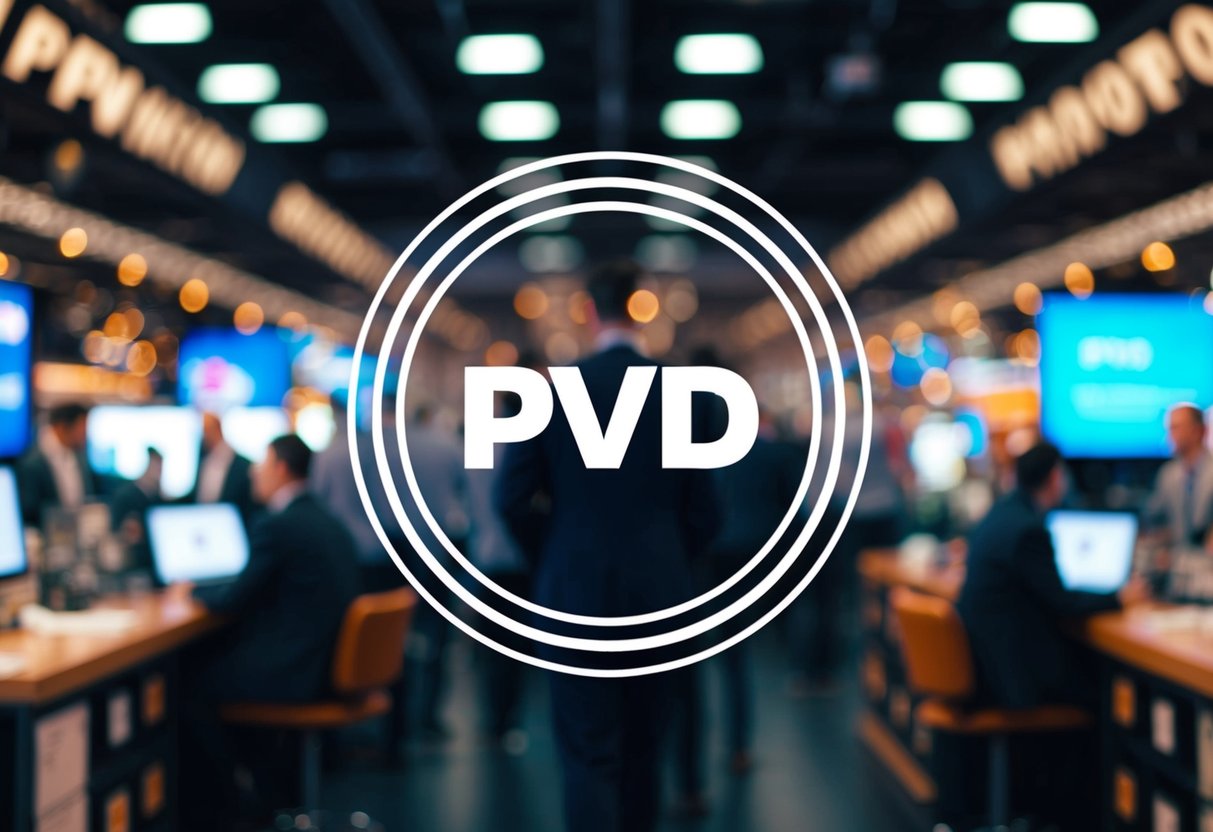 Um movimentado mercado digital com o logo PVD em destaque