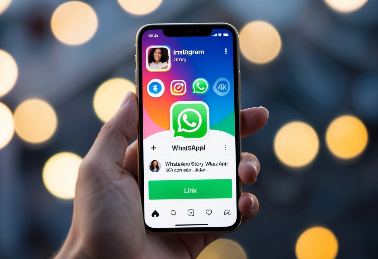 Um smartphone exibindo uma história do Instagram com um ícone de link visível e um logotipo do WhatsApp, indicando o processo de adicionar um link do WhatsApp a uma história do Instagram.