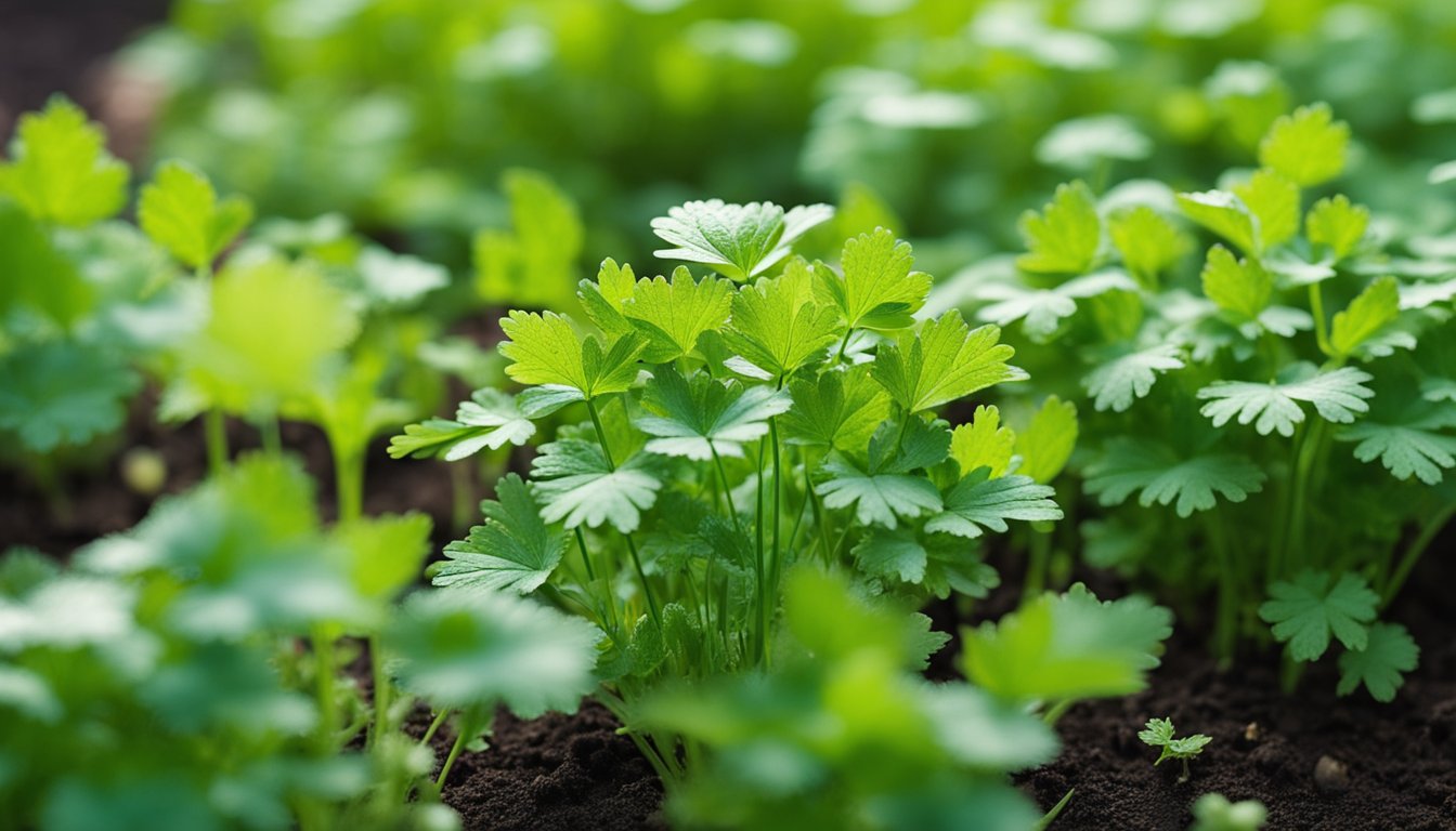 Morning garden: cilantro at different stages - young leaves, mature plants, and gone to seed. Scissors nearby, measuring marks on stake, dew glistens on leaves