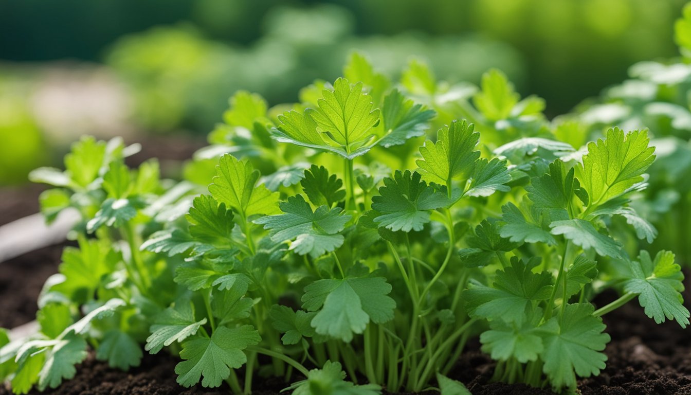 Morning garden: cilantro at various stages - young leaves, mature plants, and gone to seed. Scissors and measuring marks nearby. Dew glistens on leaves