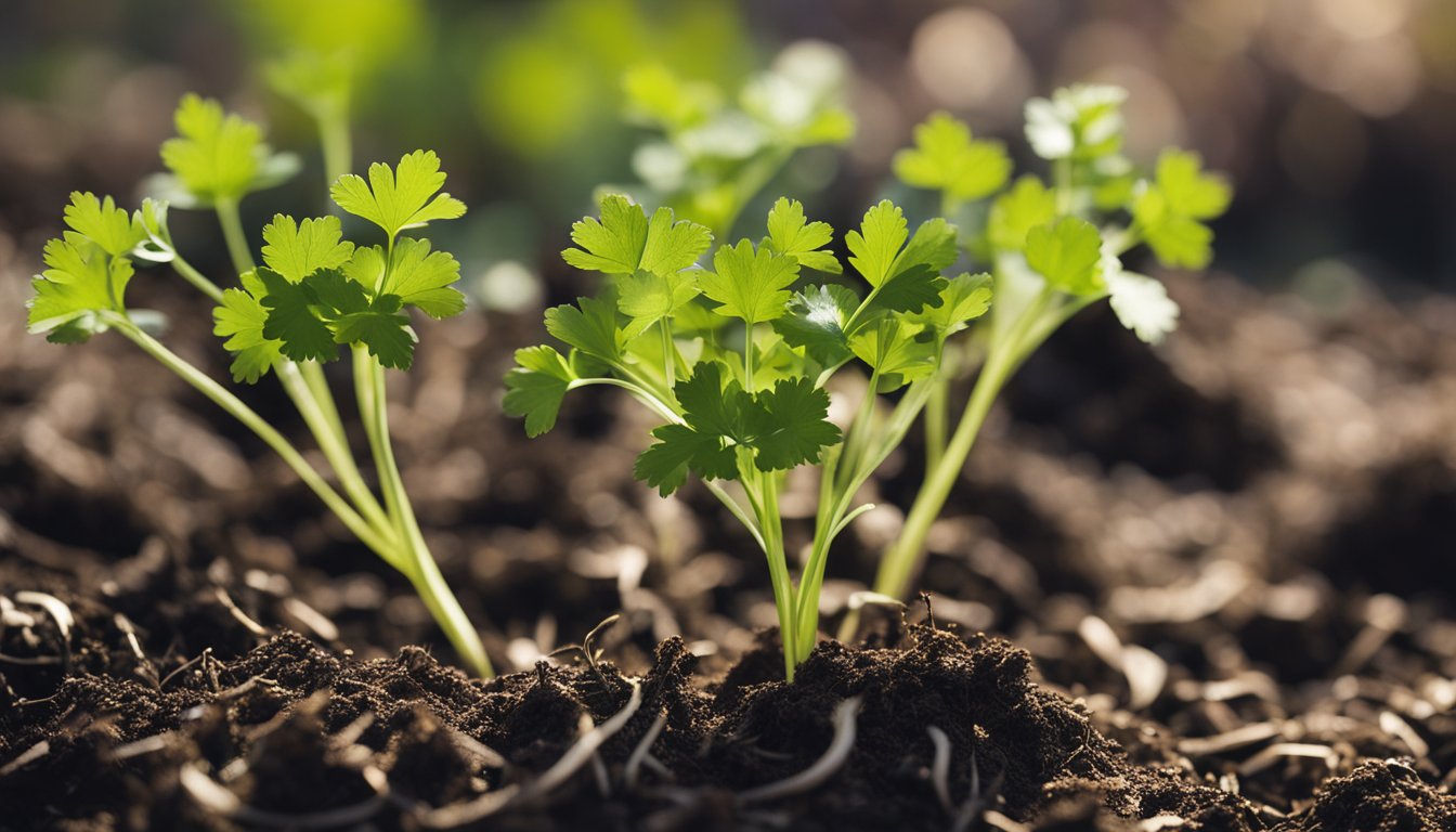 Cilantro stems cut 2" above soil, new growth emerges, casting shadows on mulch