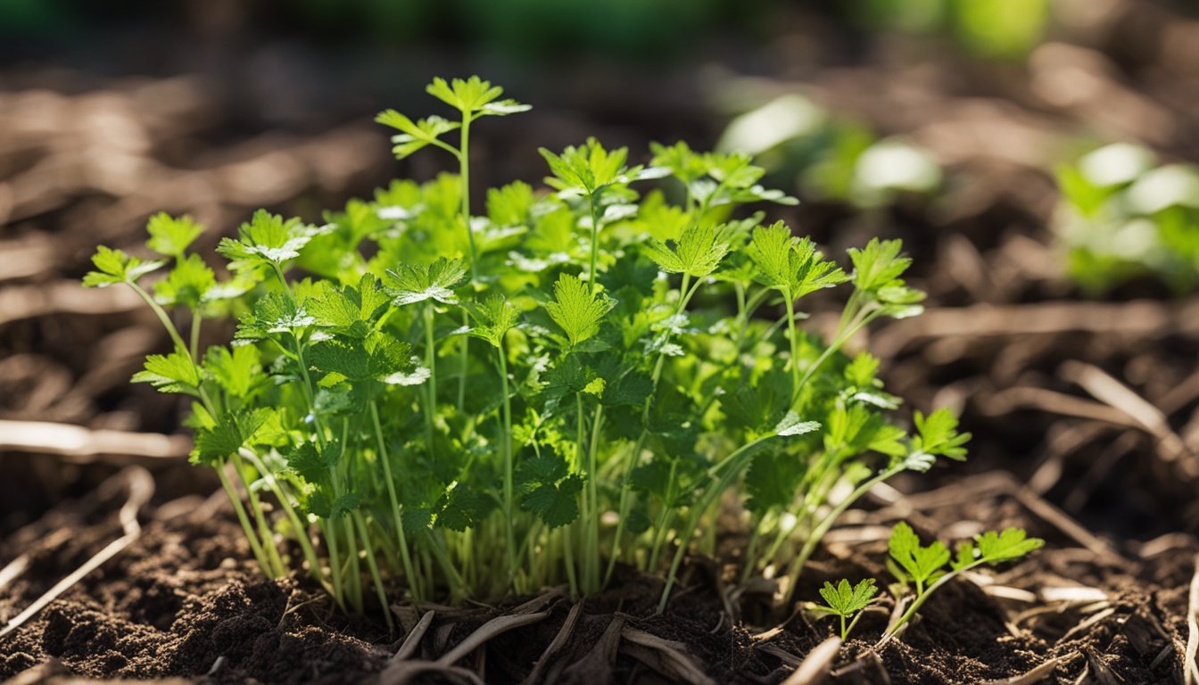 Cilantro stems cut, new growth emerges, casting shadows on mulch