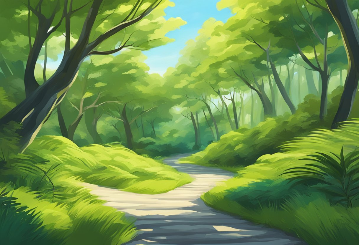 A winding path leading through a lush forest, with a clear, bright sky overhead and a sense of forward movement and progress