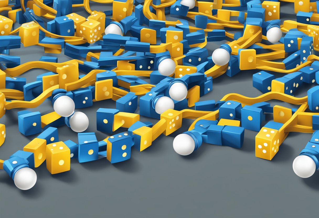 A tangled web of dominoes falling in a chain reaction, leading to a glowing lightbulb symbolizing the cause and effect of making resolutions stick