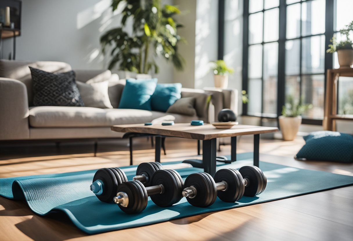 A cozy living room with a yoga mat, dumbbells, resistance bands, jump rope, and a workout bench. Bright sunlight streams in through the window