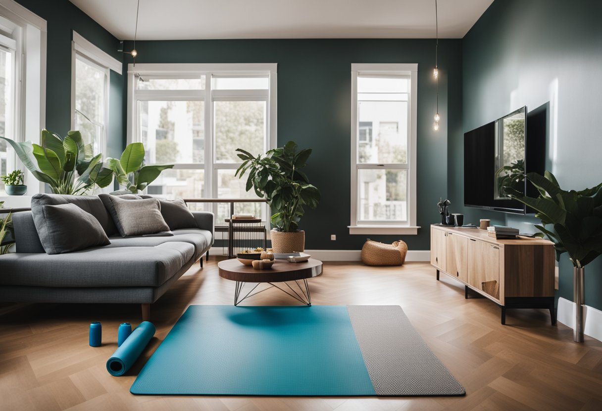 A person's living room with a yoga mat and a water bottle, with space for jumping jacks and other workouts