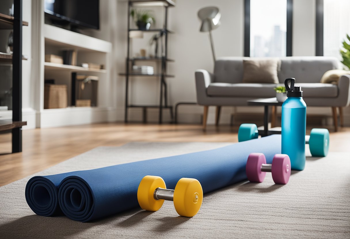 A living room with a yoga mat, dumbbells, resistance bands, and a water bottle on the floor