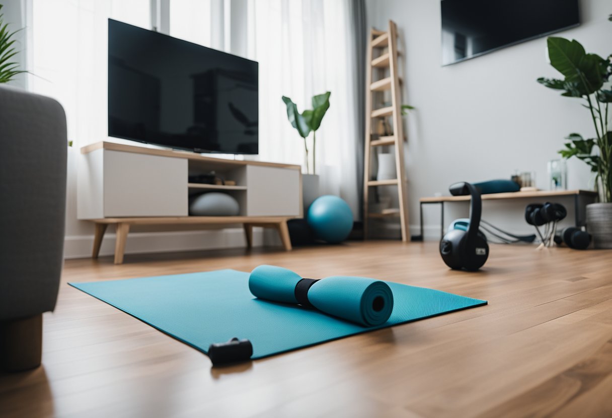 A cozy living room with a yoga mat, dumbbells, resistance bands, and a jump rope laid out for quick workouts