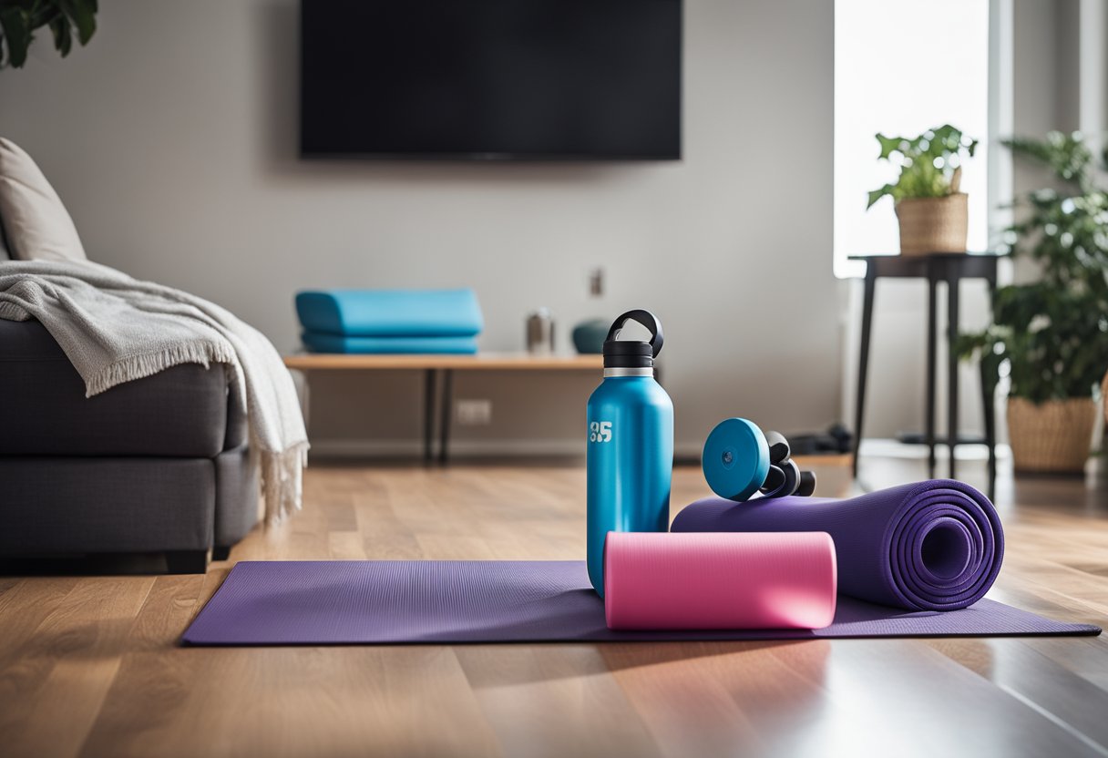 A living room with a yoga mat, dumbbells, resistance bands, and a water bottle. A TV screen shows a workout video playing