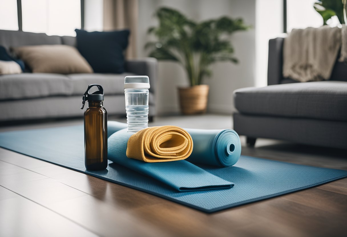 A living room with a yoga mat, a water bottle, and a timer